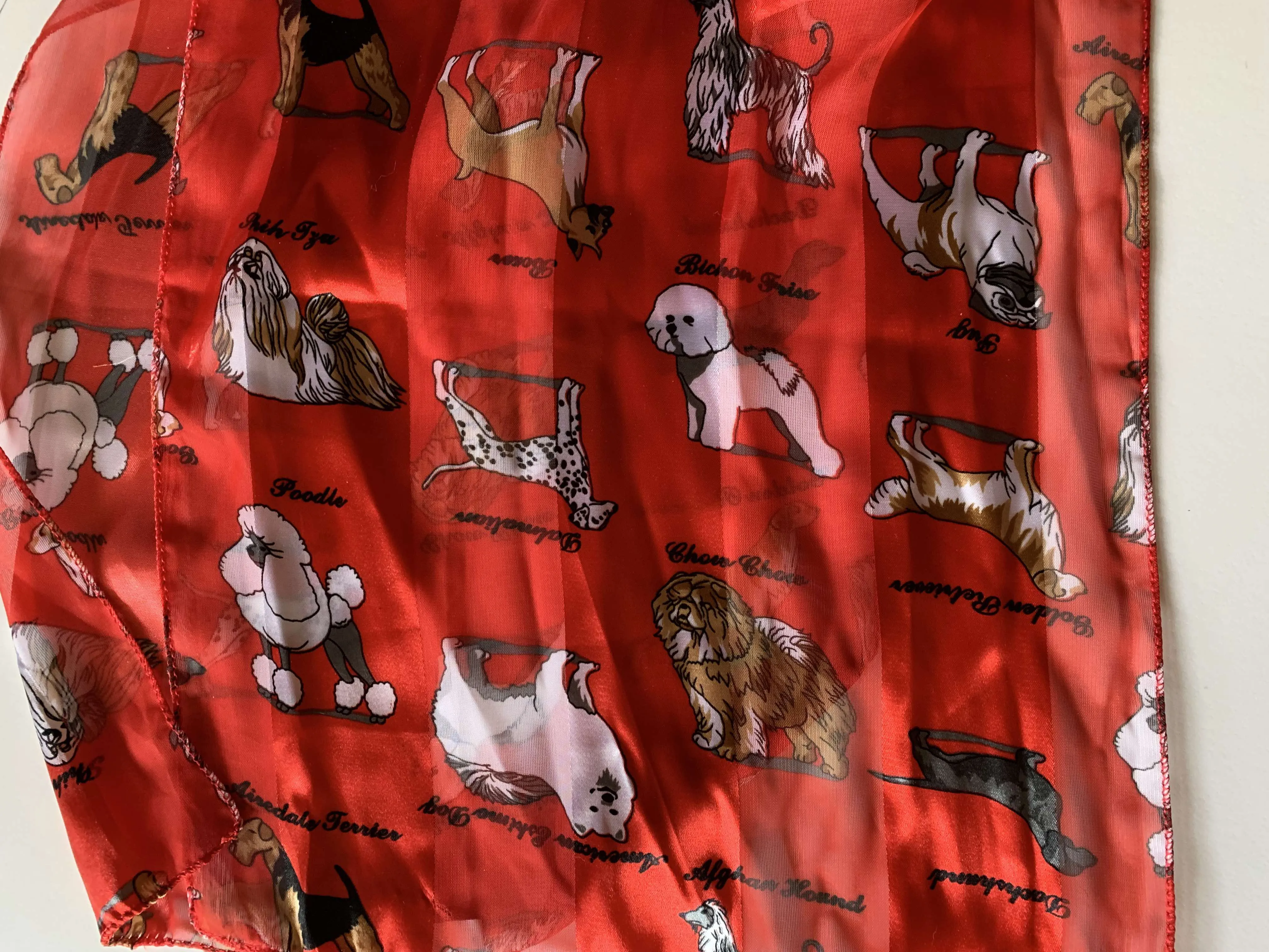 Bright Red Oblong Scarf with Dog Breed Novelty Print circa 1990s