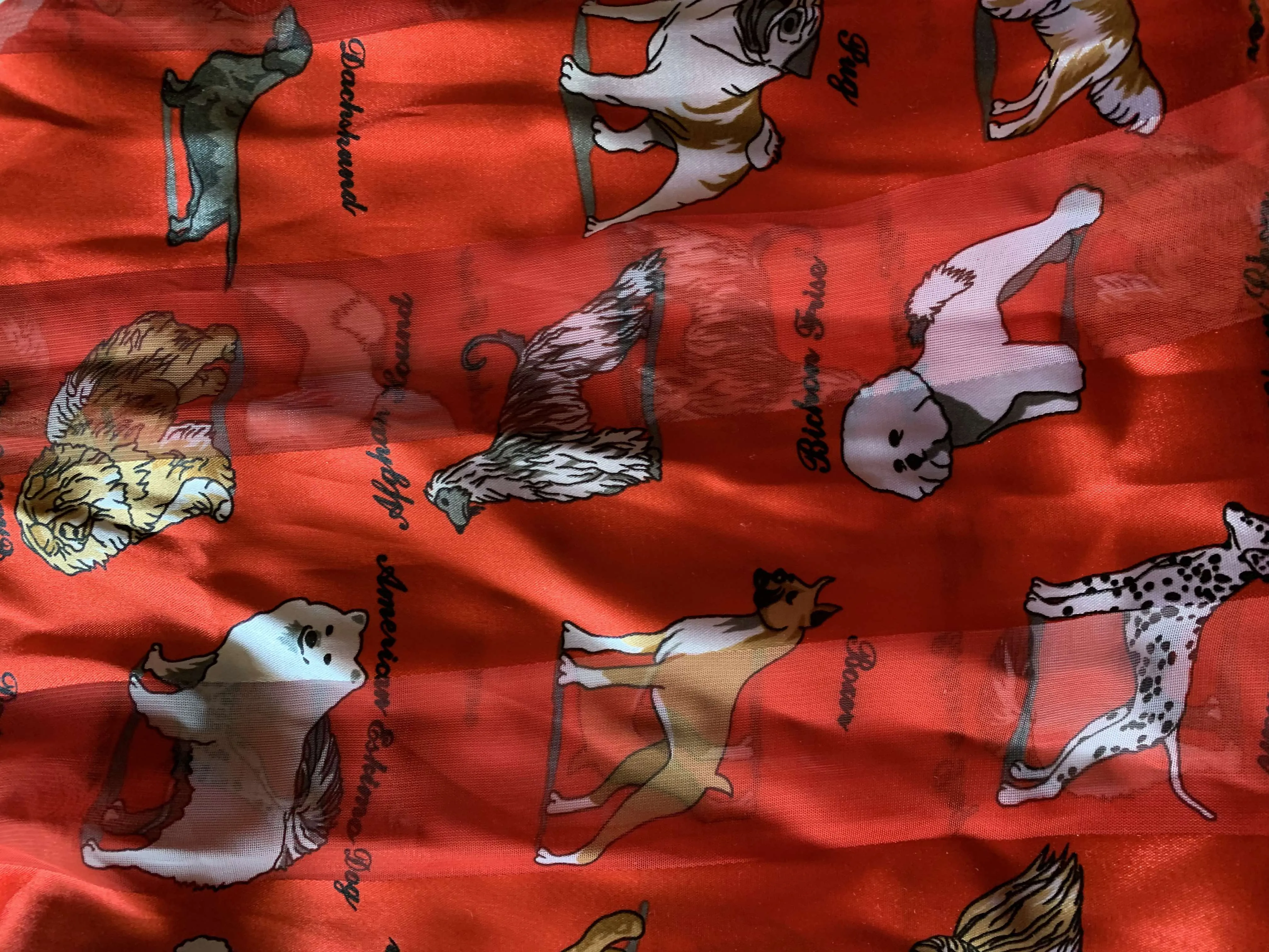 Bright Red Oblong Scarf with Dog Breed Novelty Print circa 1990s