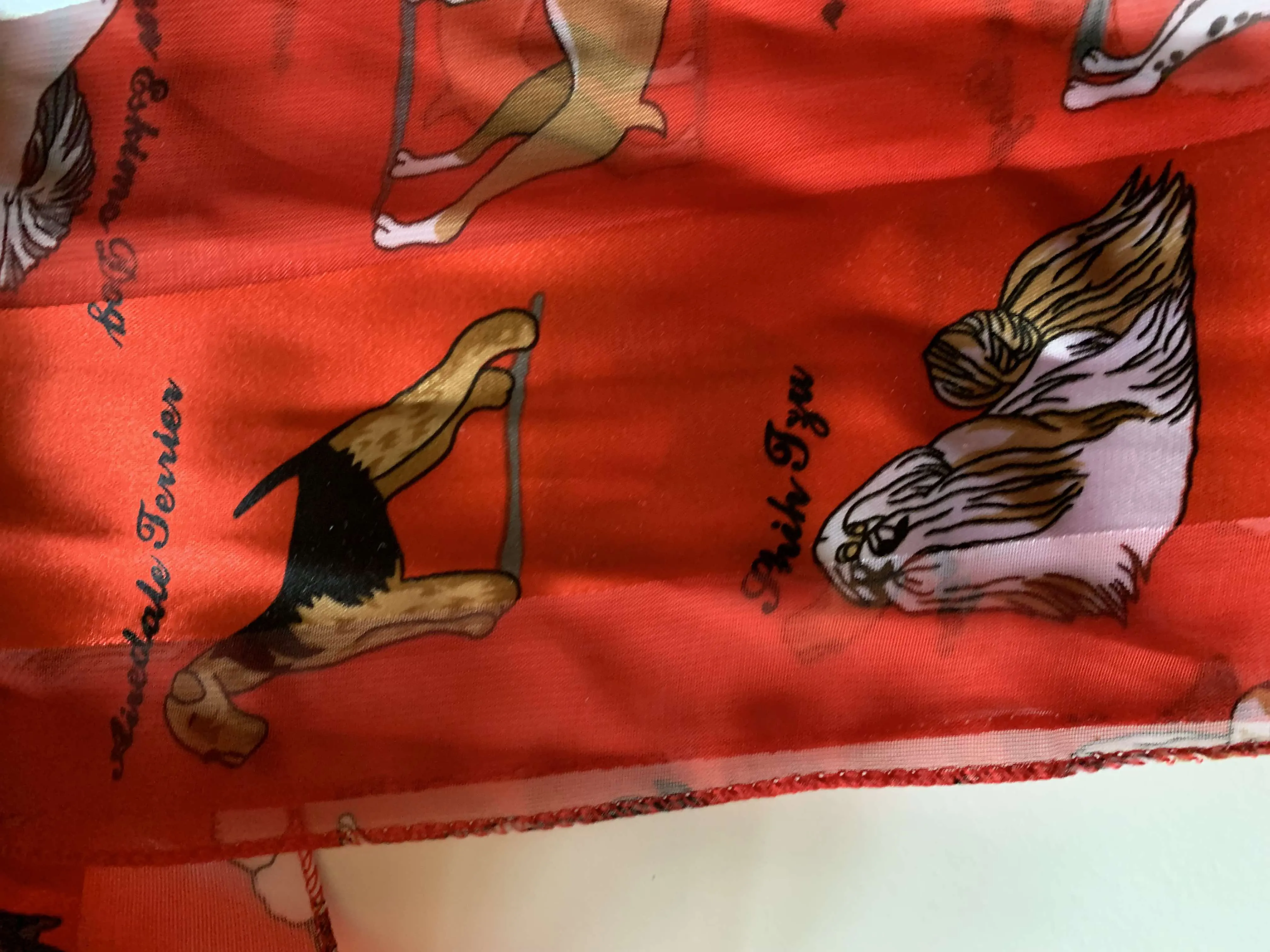 Bright Red Oblong Scarf with Dog Breed Novelty Print circa 1990s