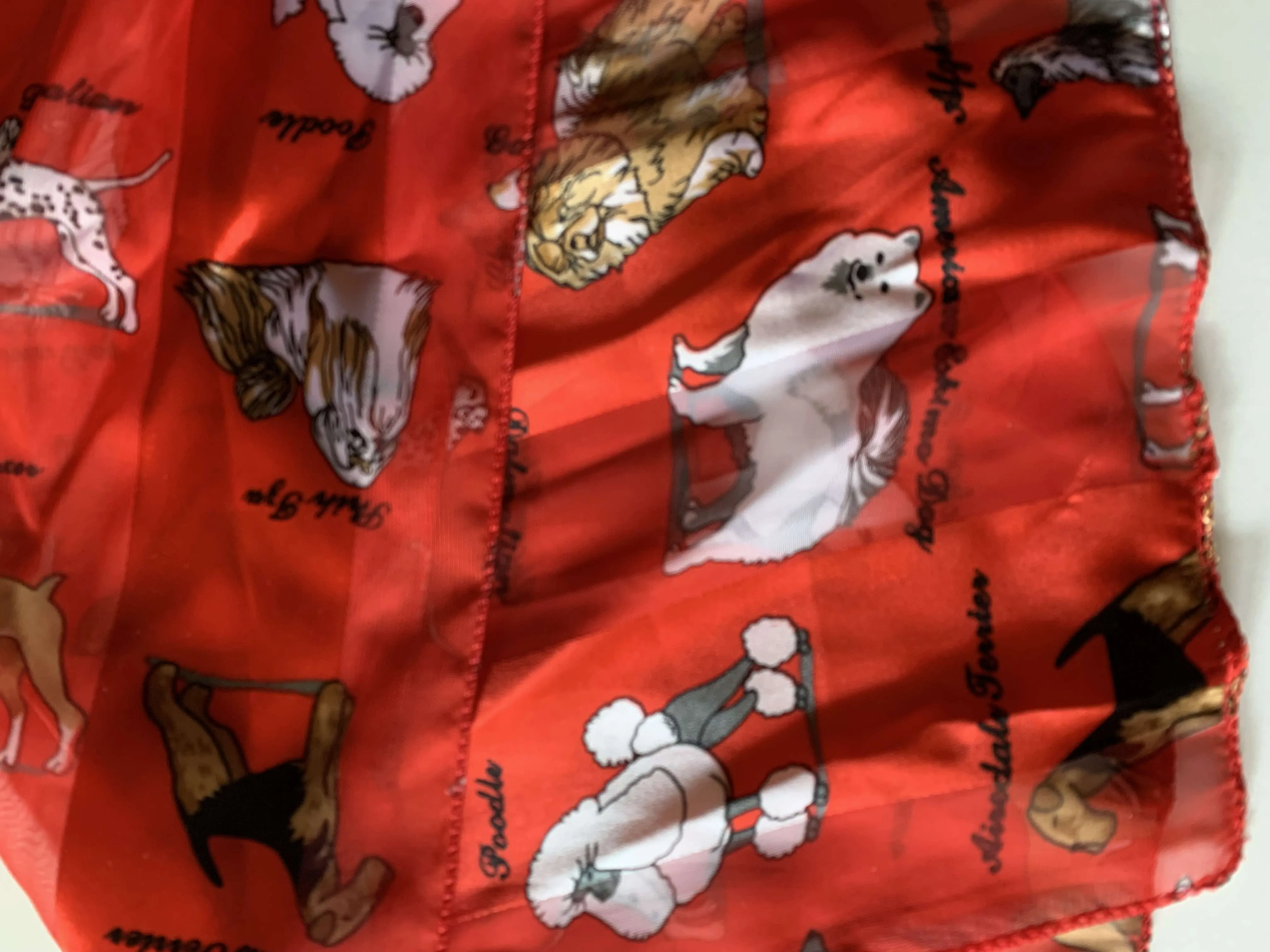 Bright Red Oblong Scarf with Dog Breed Novelty Print circa 1990s